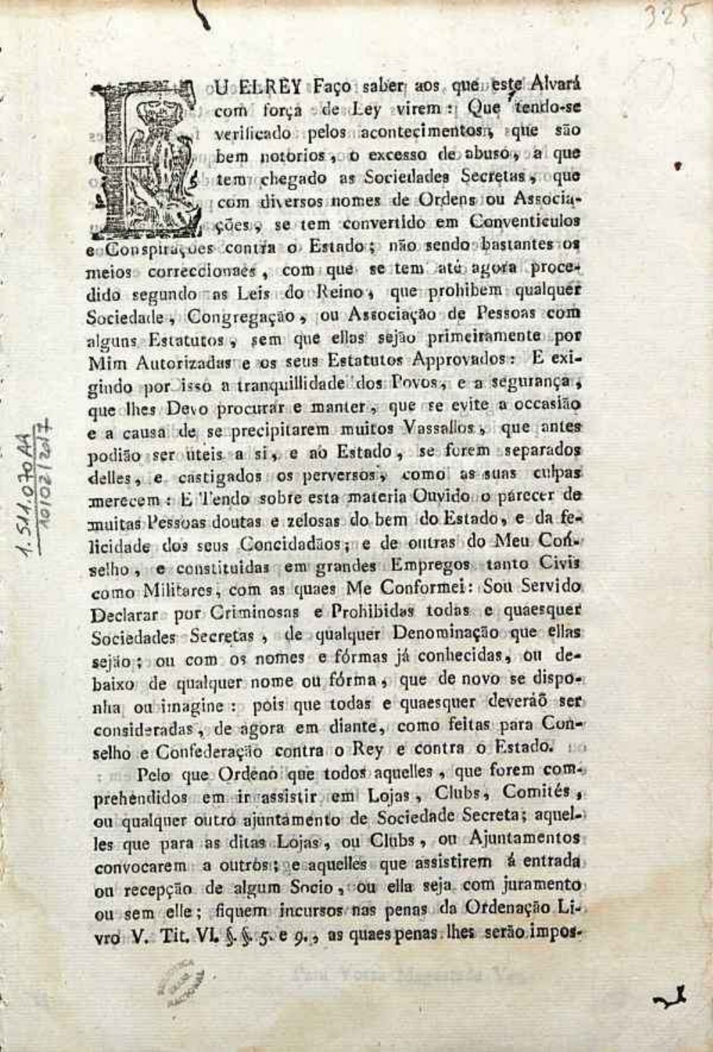Primeira página do Alvará Real de 1818 que declarou criminosas e proibidas as sociedades secretas